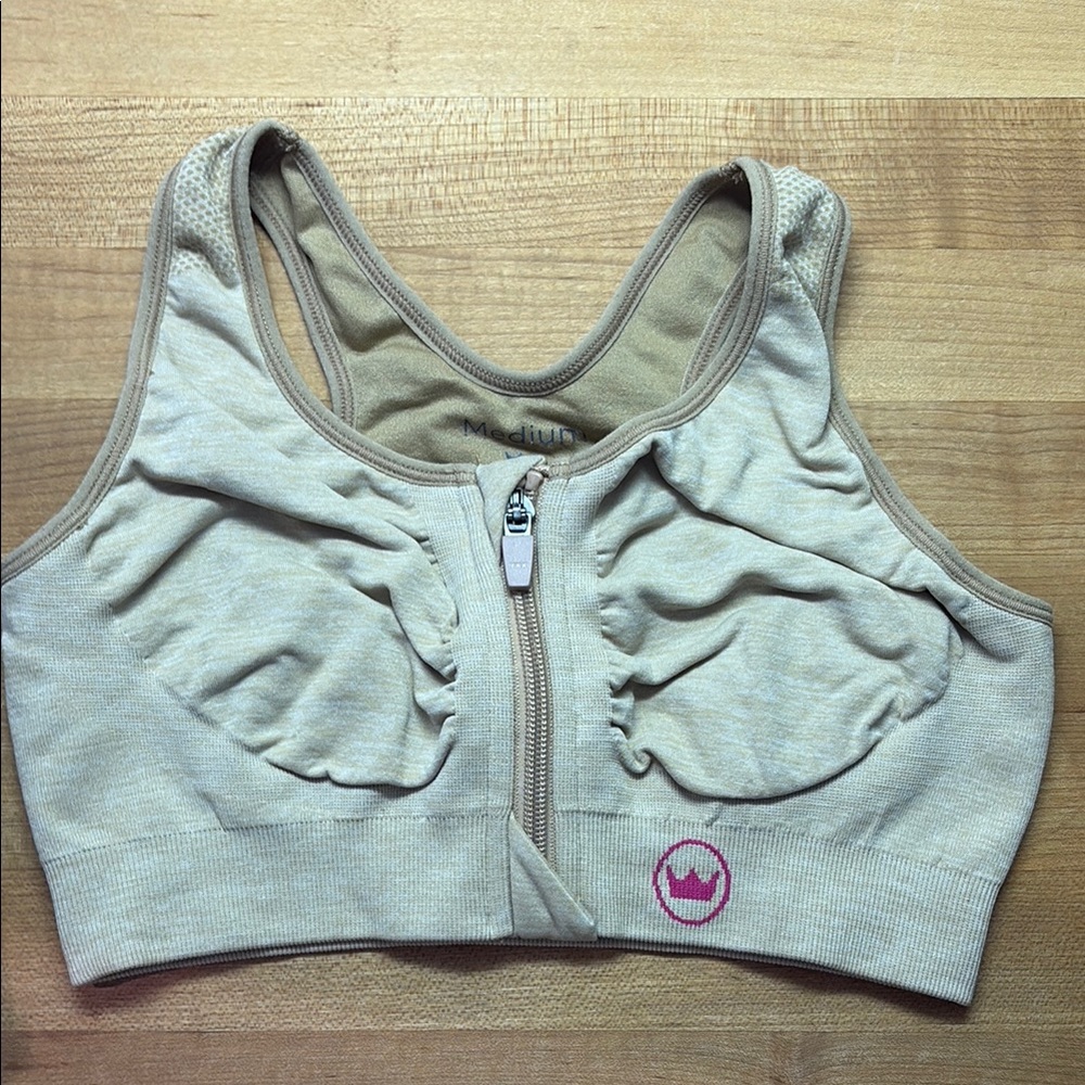 ShBeige Sports Bra with Pink Logo